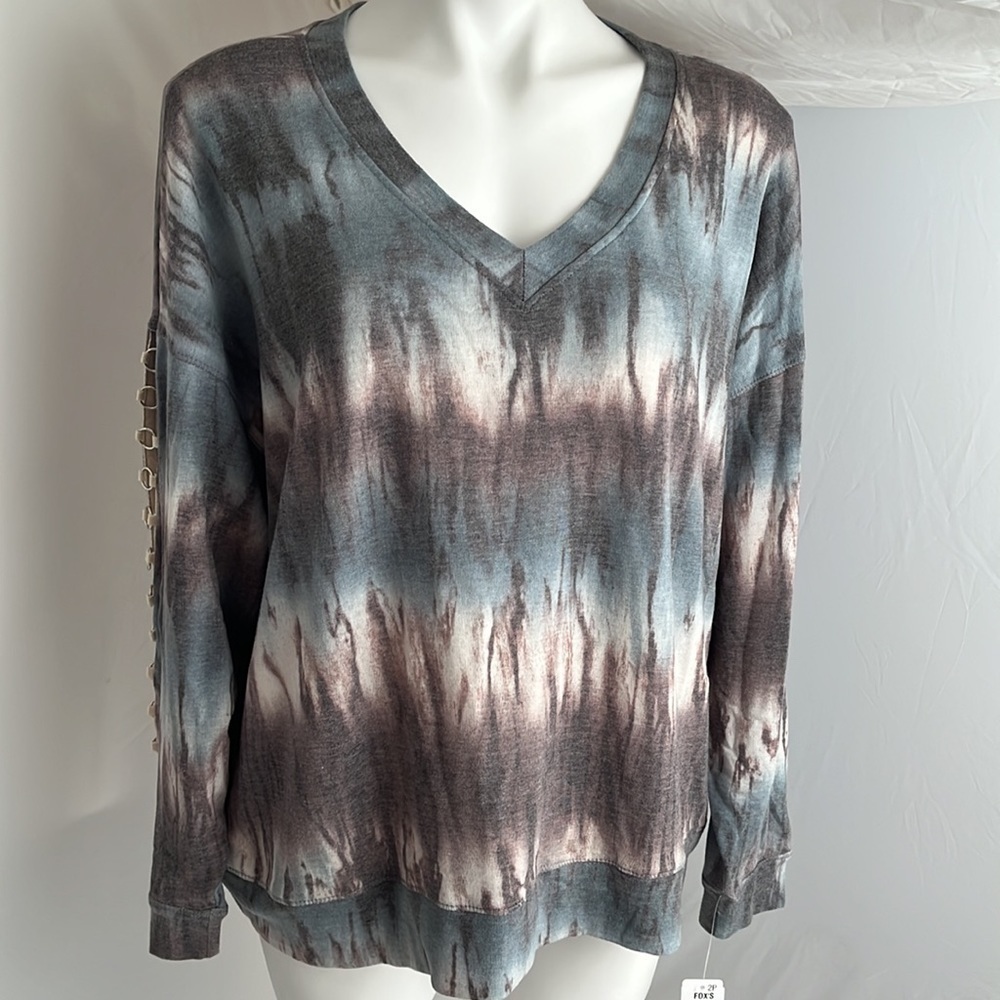 Ariella multicolor blue taupe cream v-neck top L